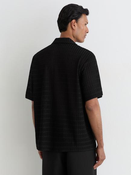 Reiss Sid Chevron Crochet Short Sleeve Cuban Collar Shirt, Black - view 2, Black