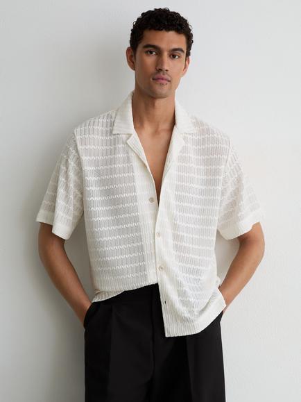 AllSaints Sid Crochet Button Through Short Sleeve Shirt, Off White, Off White