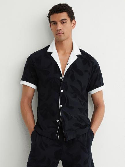 Reiss Zuma Towelling Jacquard Tipped Short Sleeve Shirt, Navy, Navy