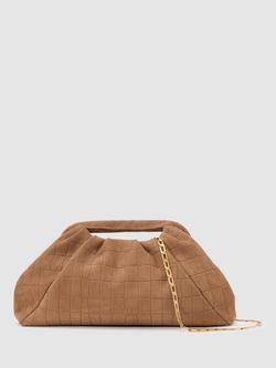 Reiss June Suede Croc Embossed Pouch Clutch Bag, Tan, Tan