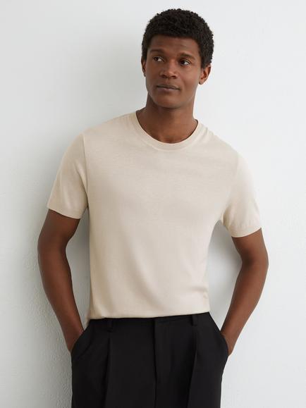 Reiss Chad Crew Neck Cotton Blend T-Shirt, Stone, Stone