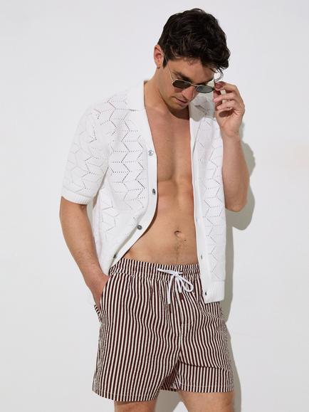 Reiss Bay Stripe Seersucker Swim Shorts, Brown/White, Brown/White