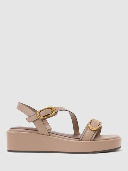 Reiss Nyla Leather Double Buckle Flatform Sandals, Taupe, Taupe