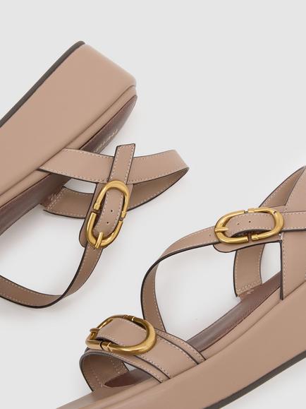 Reiss Nyla Leather Double Buckle Flatform Sandals, Taupe - view 2, Taupe