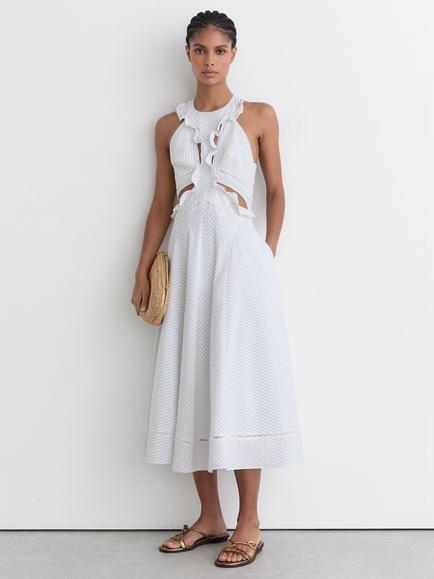 Reiss Ilse Striped Ruffle Trim Midi Dress, Ivory/Blue, Ivory/Blue