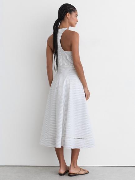 Reiss Ilse Striped Ruffle Trim Midi Dress, Ivory/Blue - view 2, Ivory/Blue
