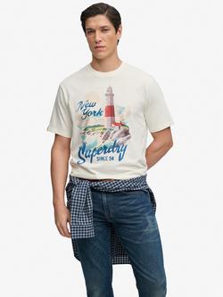 Superdry Graphic Print Crew Neck Cotton T-Shirt, Winter White/Multi, Winter White/Multi