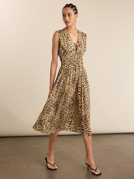 Baukjen Kyrah Printed Waisted Midi Dress containing LENZING™ ECOVERO™ Viscose, Sandstone/Multi, Sandstone/Multi