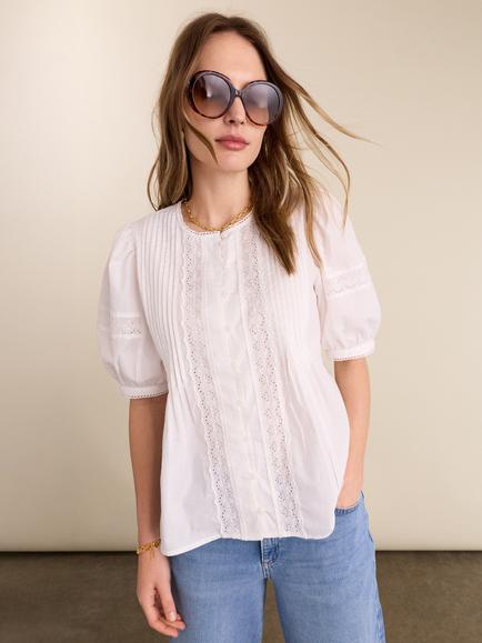 Baukjen Augusta Organic Cotton Broderie Detail Blouse, Soft White, Soft White