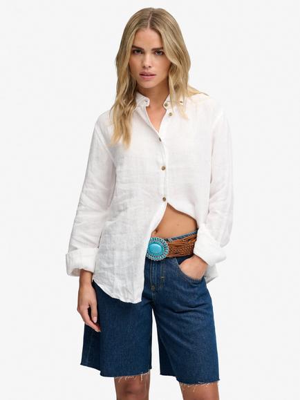 Superdry Premium Linen Button Down Slim Fit Shirt, Optic, Optic