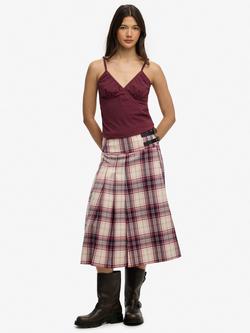 Superdry Check Pleated Midi Skirt, Berry/Cream