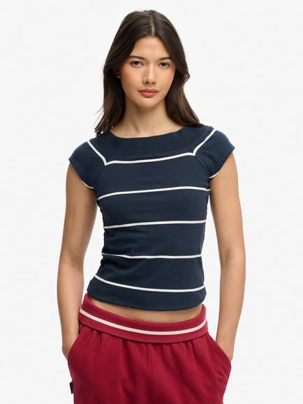Superdry Athletic Off Shoulder Striped Top, Navy/White, Navy/White