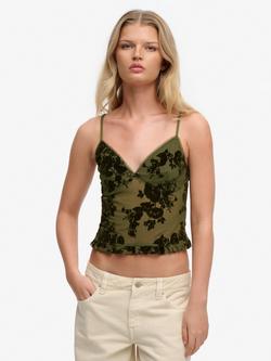 Superdry Flocked Mesh Cami Top, Fir Green, Fir Green