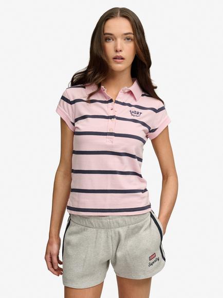 Superdry Athletic Essentials Stripe Jersey Polo Shirt, Pink/Navy, Pink/Navy