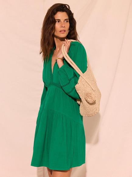 Mint Velvet Cotton Gauze Mini Dress, Green - view 2, Green