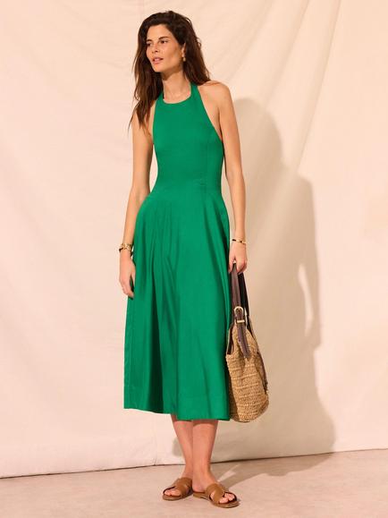 Mint Velvet Halterneck Linen Blend Midi Dress, Green - view 2, Green
