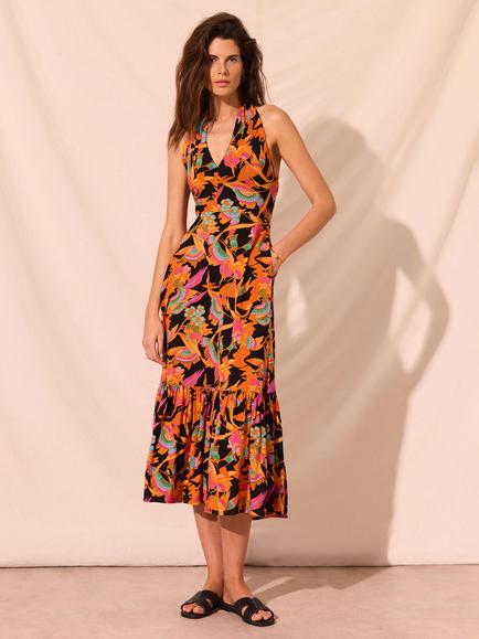 Mint Velvet Floral Print Halterneck Dress, Black/Multi, Black/Multi