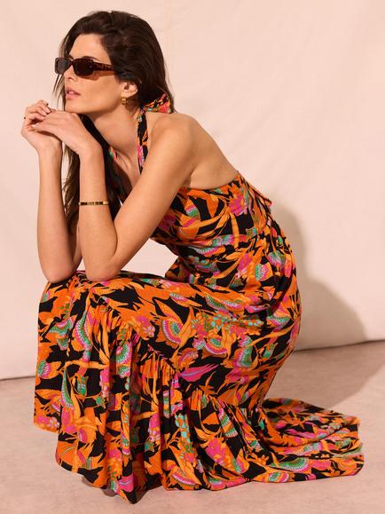Mint Velvet Floral Print Halterneck Dress, Black/Multi - view 2, Black/Multi