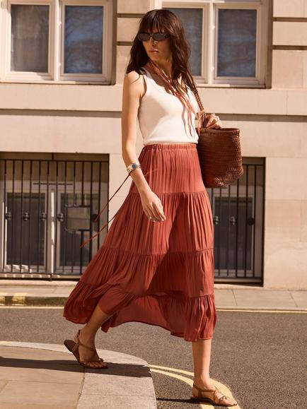 Mint Velvet Tiered Maxi Skirt, Orange, Orange