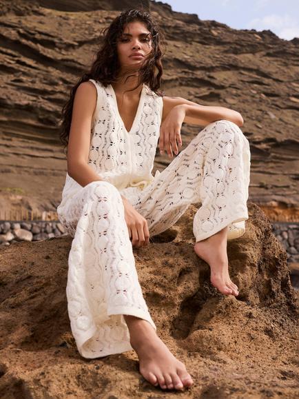 Mint Velvet Crochet Sequin Beach Waistcoat, White, Neutrals