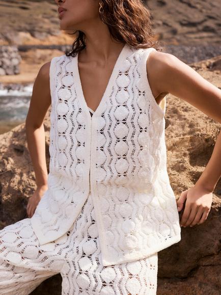 Mint Velvet Crochet Sequin Beach Waistcoat, White - view 2, White