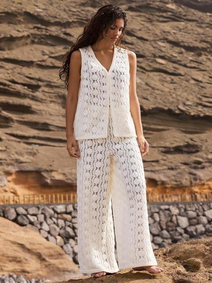 Mint Velvet Crochet Sequin Wide Leg Trousers, Natural, Natural