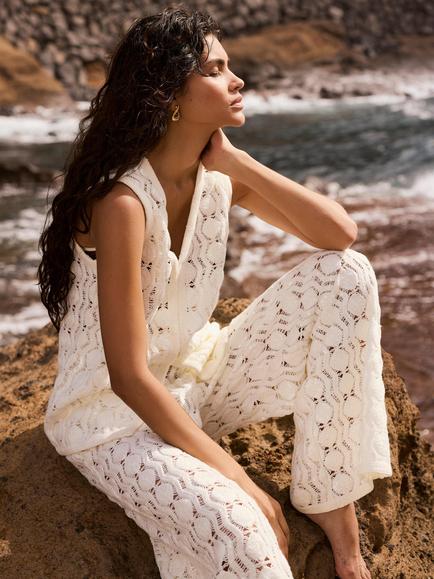 Mint Velvet Crochet Sequin Wide Leg Trousers, Natural - view 2, Natural