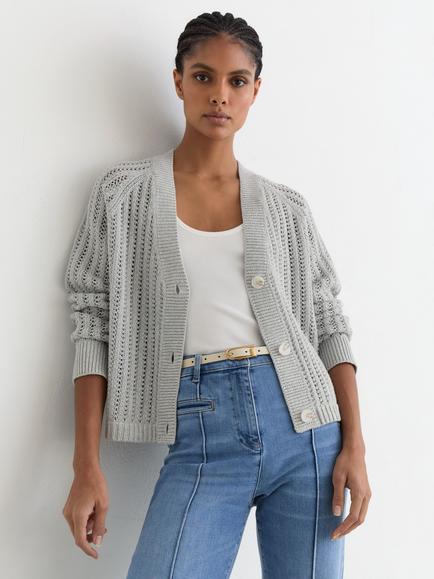 Reiss Constance Open Knit Cardigan, Silver Grey, Silver Grey