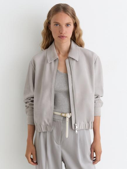 Reiss Petite Lottie Suede Bomber Jacket, Light Grey
