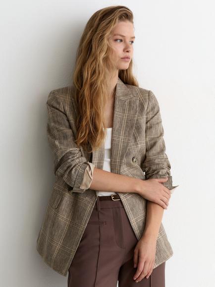 Reiss Sybil Linen Check Double-Breasted Blazer, Neutral/Navy, Neutral