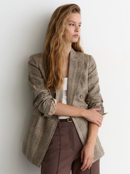 Reiss Petite Sybil Linen Double Breasted Check Blazer, Neutral, Neutral