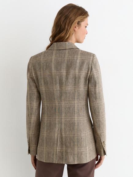 Reiss Petite Sybil Linen Double Breasted Check Blazer, Neutral - view 2, Neutral