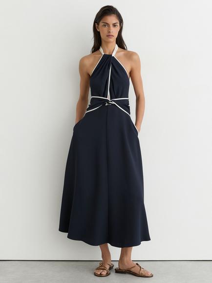 Reiss Blair A-Line Midi Dress, Navy/Ivory, Navy/Ivory