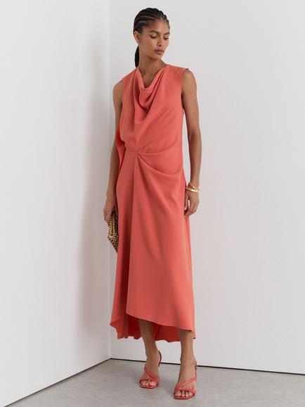 Reiss Dorota Ruched Midi Dress, Coral Pink, Coral Pink