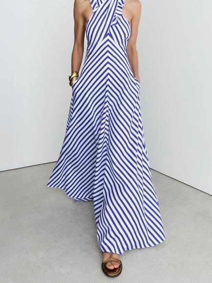 Reiss Luna Halterneck Maxi Dress, Blue/Ivory - view 2, Blue/Ivory