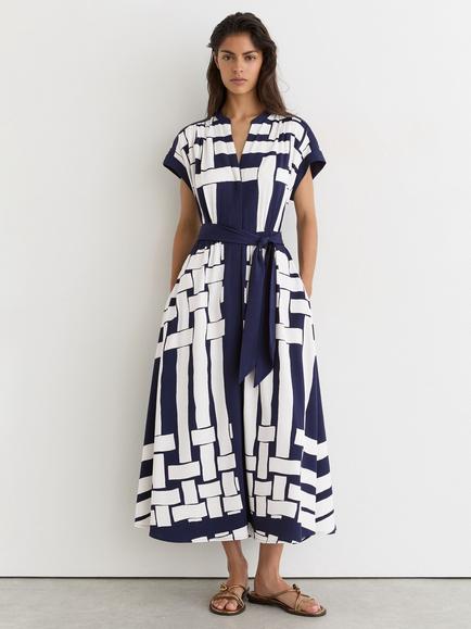 Reiss Samira Check Fit and Flare Shirt Dress, Navy/Ivory, Navy/Ivory