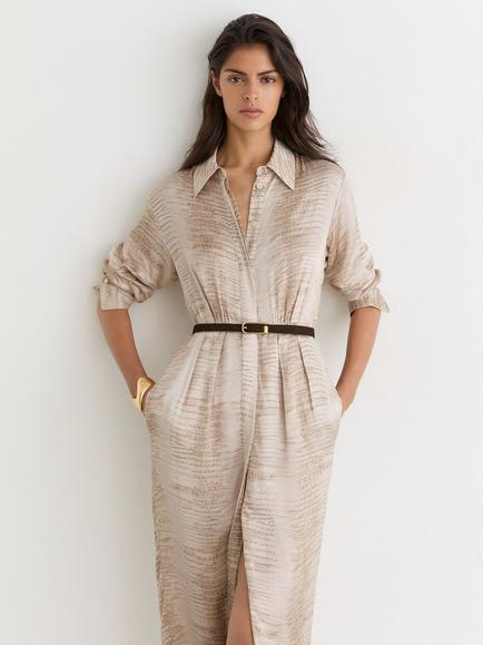 Reiss Sienna Satin Animal Midi Shirt Dress, Neutral - view 2, Neutral