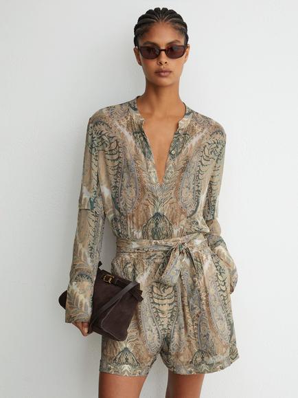 Reiss Finnola V-Neck Paisley Playsuit, Grey/Neutral, Grey/Neutral