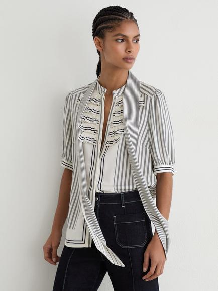 Reiss Ischia Striped Tie Neck Blouse, Navy/Ivory, Navy/Ivory