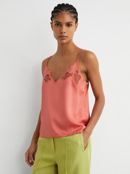 Reiss Joanie Lace Satin Cami, Coral Pink, Coral Pink