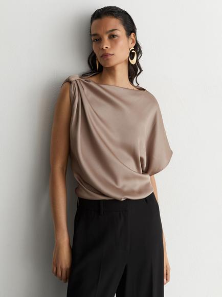 Reiss Kezia Satin Draped Cowl Neck Top, Champagne Neutral, Champagne Neutral