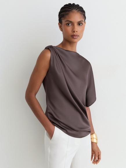 Reiss Kezia Satin Draped One Shoulder Top, Mauve, Mauve