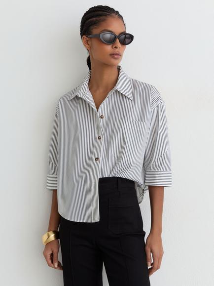 Reiss Saoirse Striped Cotton Short Sleeve Cropped Shirt, Ivory/Blue, Ivory/Blue