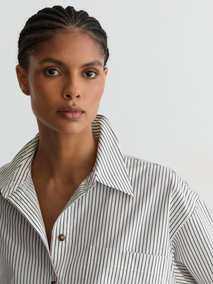 Reiss Saoirse Striped Cotton Short Sleeve Cropped Shirt, Ivory/Blue - view 2, Ivory/Blue