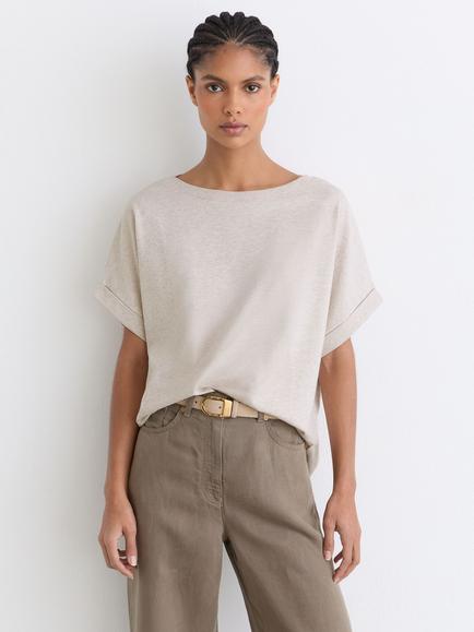 Reiss Sia Cotton Wide Neck Relaxed Fit T-Shirt, Neutral Marl, Neutral Marl