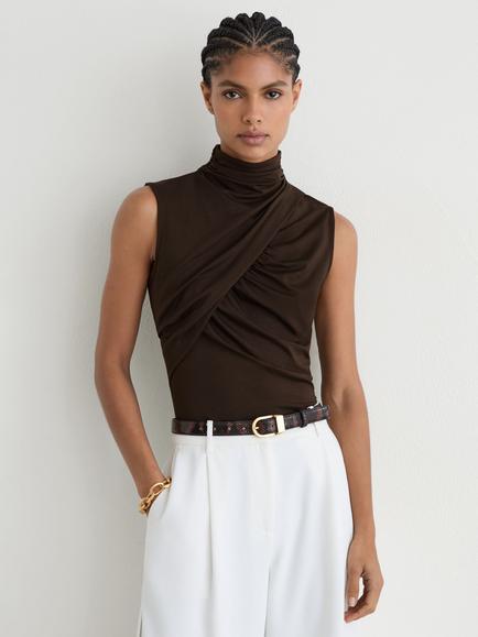 Reiss Wanda Ruched High Neck Top, Chocolate Brown, Chocolate Brown