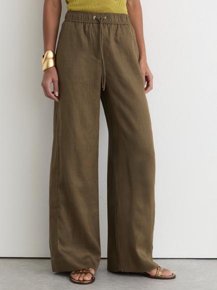 Reiss Petite Riley Linen Ladder Embroidery Wide Leg Trousers, Khaki Green, Khaki Green