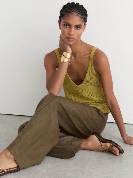 Reiss Petite Riley Linen Ladder Embroidery Wide Leg Trousers, Khaki Green - view 2, Khaki Green