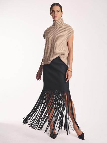 Amanda Wakeley Fringe Wool Rich Maxi Skirt, Navy - view 2, Navy