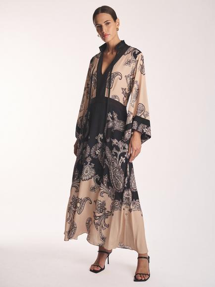 Amanda Wakeley Paisley Print V-Neck Maxi Dress, Beige/Black, Beige/Black